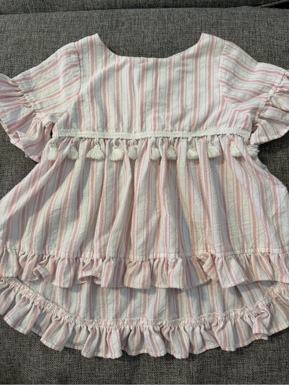 Pippa & Julie 3T Pink and White Striped Tassel Ruffle High Low Blouse 3 Buttons